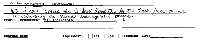 Close-up of the scan: a handwritten note over two lines, the Profit Improvement label, and the Implement row with three empty tick boxes for Yes, No and Pending.